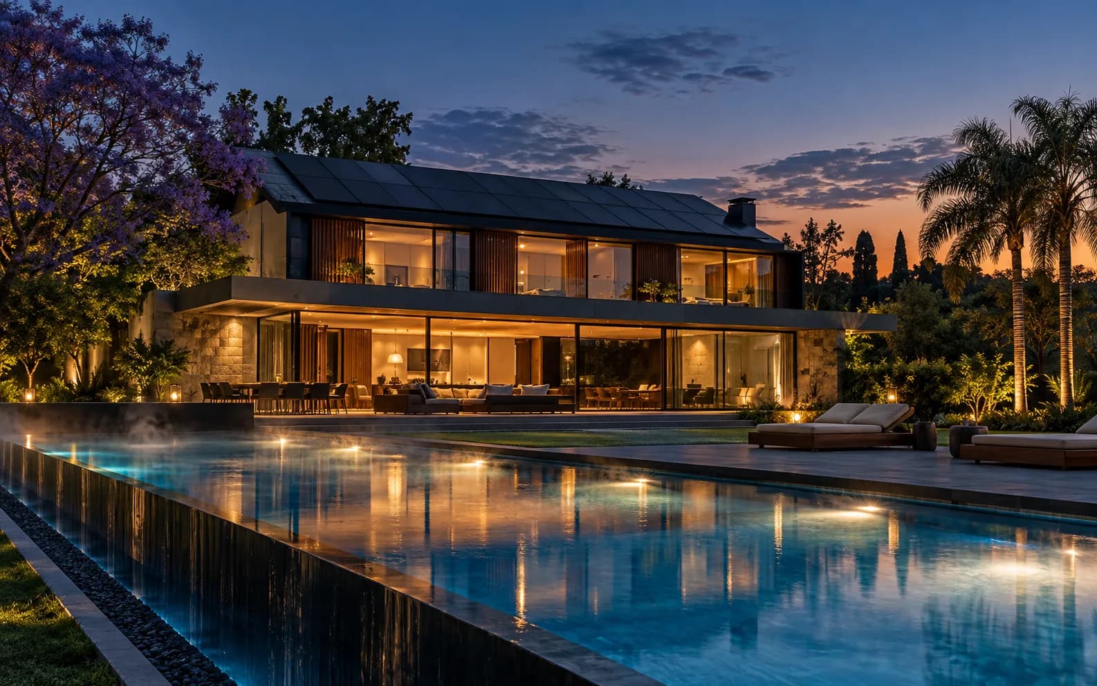 Piscina climatizada con vapor al atardecer frente a una casa con paneles solares