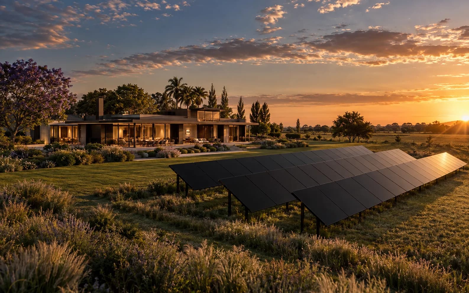 Casa de campo off-grid con paneles en suelo
